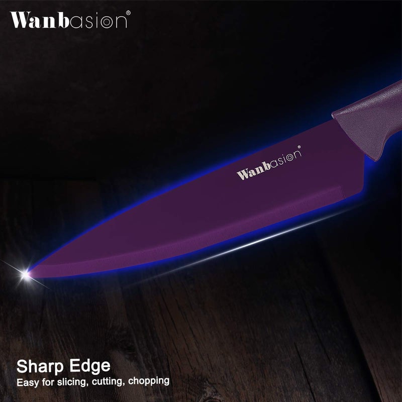 Wanbasion Purple Professional Kitchen Knife Chef Set, Stainless Steel, Dishwasher Safe with Covers - Image 3